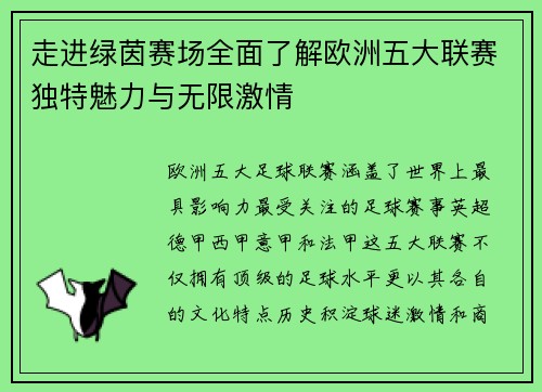 走进绿茵赛场全面了解欧洲五大联赛独特魅力与无限激情