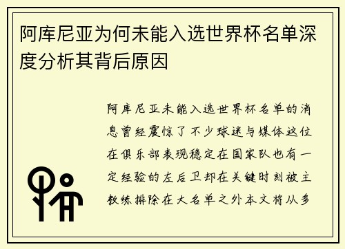 阿库尼亚为何未能入选世界杯名单深度分析其背后原因