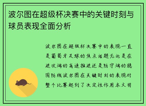 波尔图在超级杯决赛中的关键时刻与球员表现全面分析