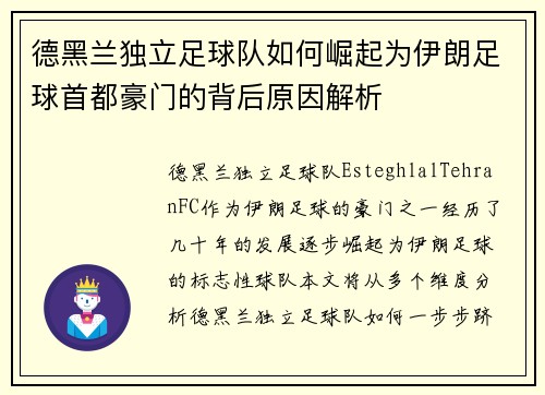 德黑兰独立足球队如何崛起为伊朗足球首都豪门的背后原因解析